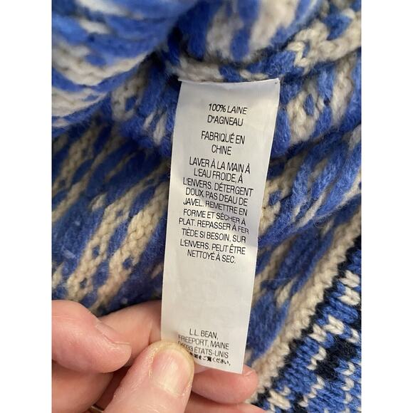 L.L.Bean Sz MP Nordic Fair Isle Sweater Cardigan Blue Ivory Women's Metal Button - Picture 6 of 10